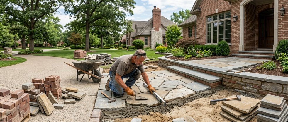 Hardscaping contractor laying stone paver walkway in front yard of upscale brick home with tools and materials nearby