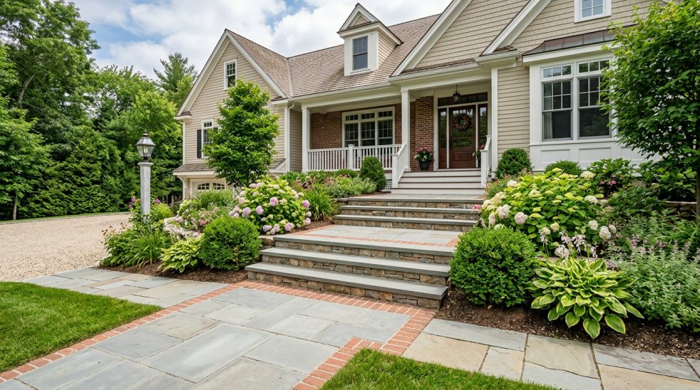 Front entry masonry steps and stone walkway leading to a landscaped suburban home porch