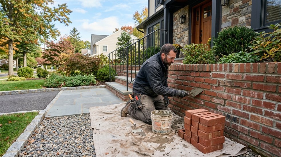 Mason repairing a brick retaining wall outside a home with mortar, tools, and stacked bricks on a front walkway