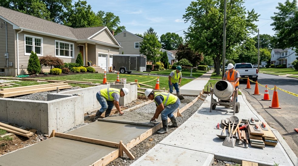 Construction workers pouring and leveling concrete sidewalk and foundation forms in a residential neighborhood