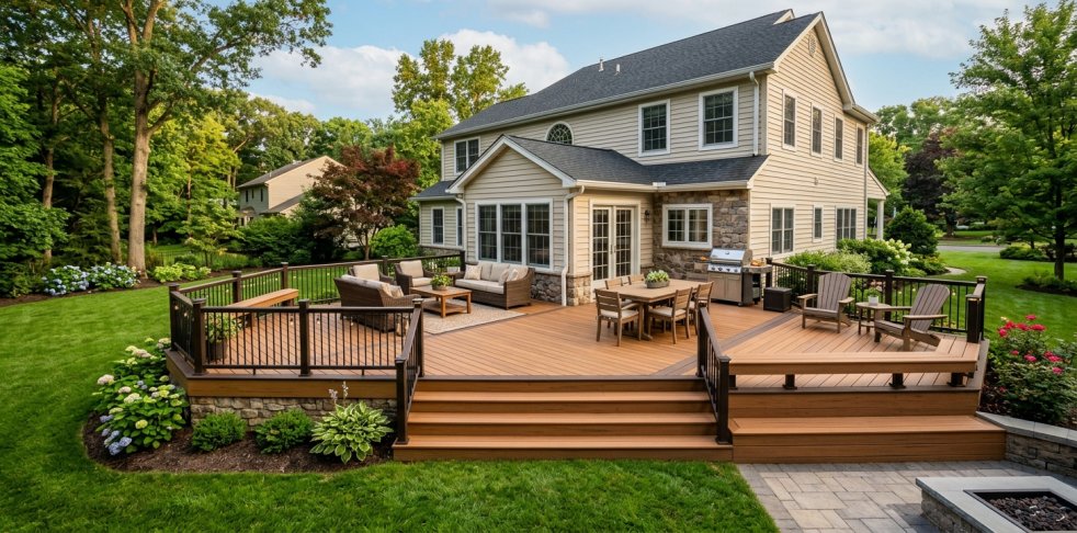 Spacious backyard deck with seating, dining area, grill, and stairs behind a suburban home with landscaped yard